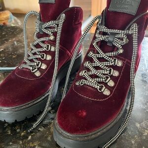 Prada Deep Red Velvet Hiking Boots